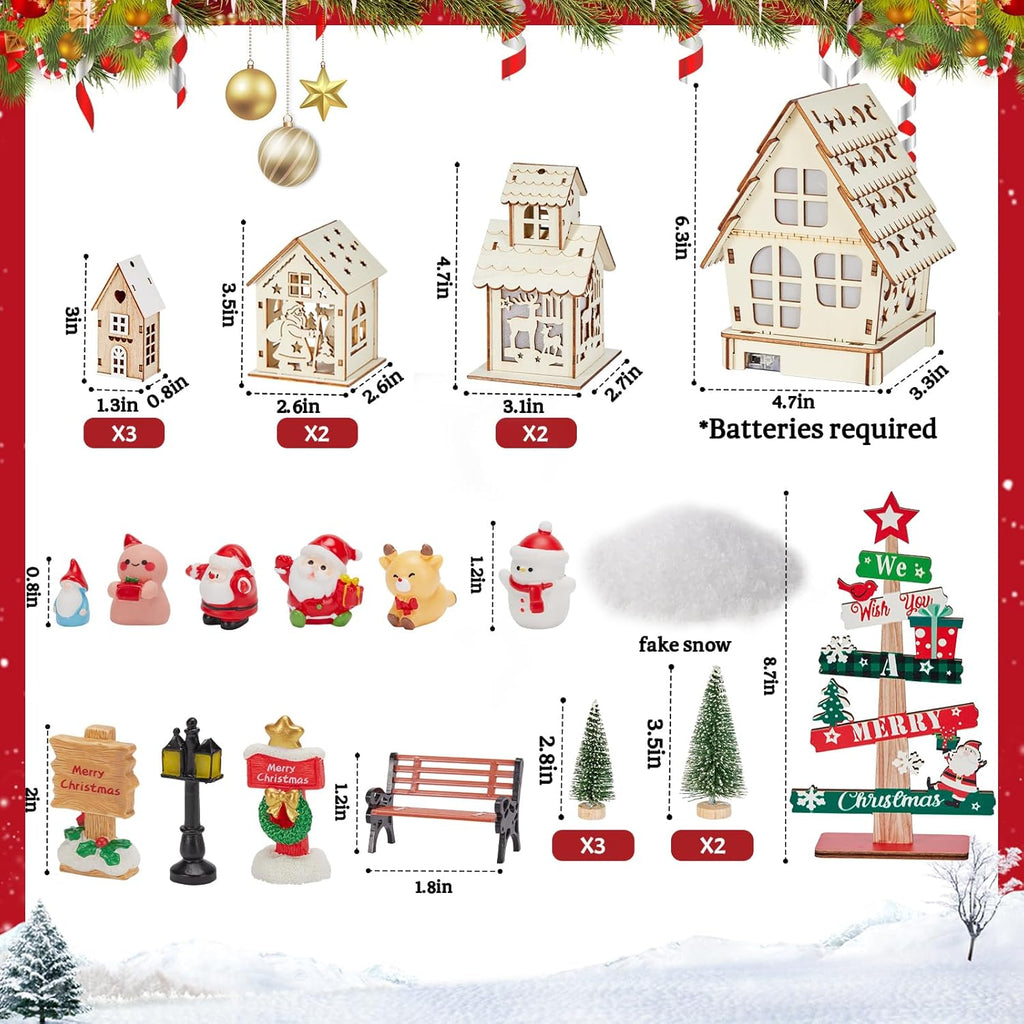 Skiennix 29-Piece Christmas Village Set - Lighted Wooden Houses & Miniature Trees for DIY Crafts