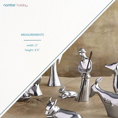 Nambé Miniature Nativity Shepherd & Lamb Set - Designed by Alvaro Uribe, Holiday Collectible Figurines for Nativity Scene Display - 4.5” H Shepherd & 1” H Lamb in Nambé Alloy and Acacia Wood