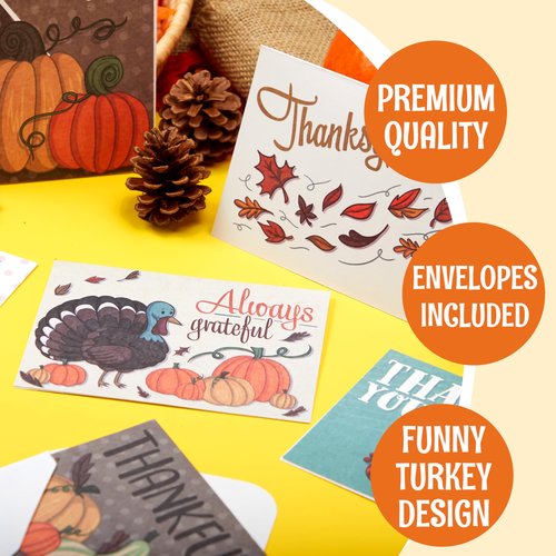 JOYIN 36Pcs Thanksgiving Cards Turkey Thank You Greeting Gift Pumpkin Cards for Fall Autumn Holiday Parties Celebrations, Harvest Wedding Dinner