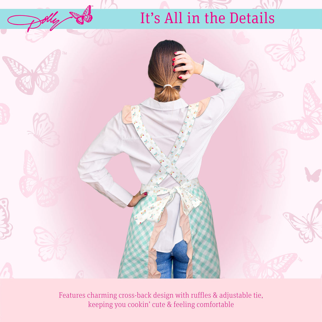 Dolly Parton Apron & Kitchen Towel Set, Kitchenware 100% Cotton Cute Chef Apron and a Jacquard Woven Kitchen Towel, Made with a Beautiful Pattern for Your Décor - Teal Plaid and Butterfly