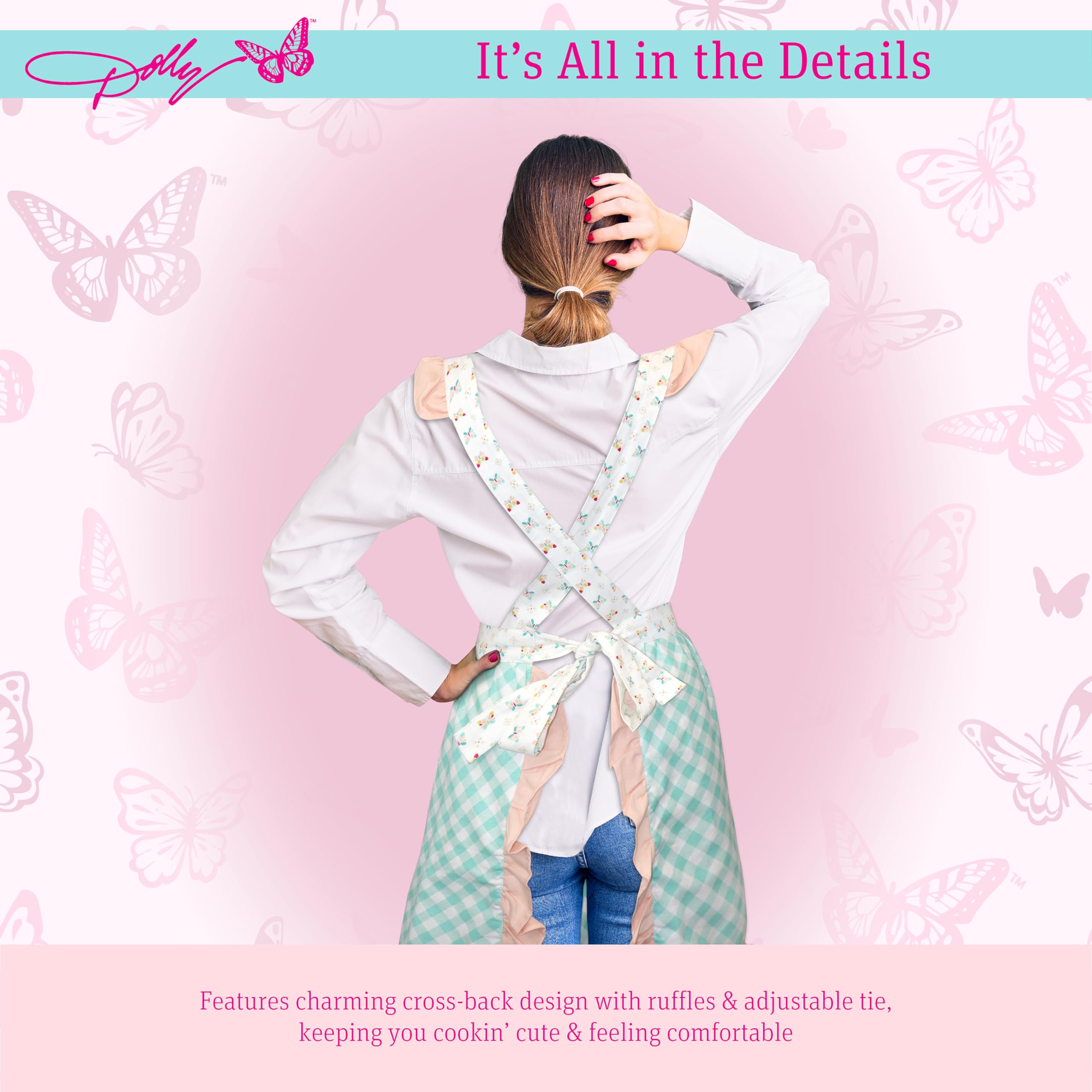 Dolly Parton Apron & Kitchen Towel Set, Kitchenware 100% Cotton Cute Chef Apron and a Jacquard Woven Kitchen Towel, Made with a Beautiful Pattern for Your Décor - Teal Plaid and Butterfly