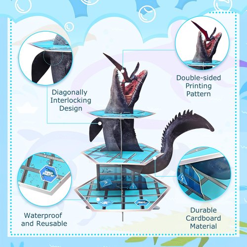 GLURUITE Mosasaurus Dinosaur Cupcake Stand Party Decorations Mosasaurus Cupcake Holder Dinosaur Dessert Tower for Dinosaur Theme Party Birthday Supplies