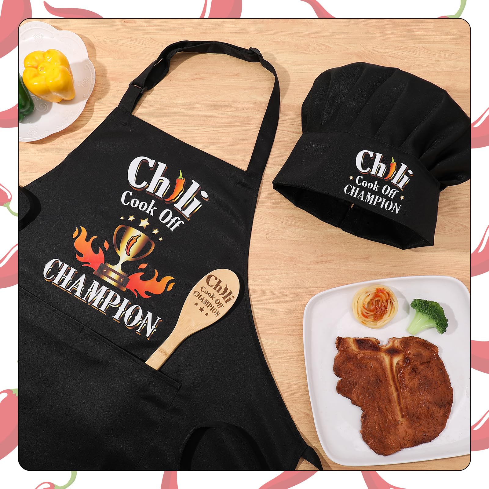 XLSXEXCL 3 Pcs Chili Cook-off Prizes, Funny Chili Cook-Off Champion Apron Adjustable Chili Cook-off Champion Hat Chef Hat and Wood Spoon, Funny Chili Cook-off Trophies Gifts for Chili Festivals