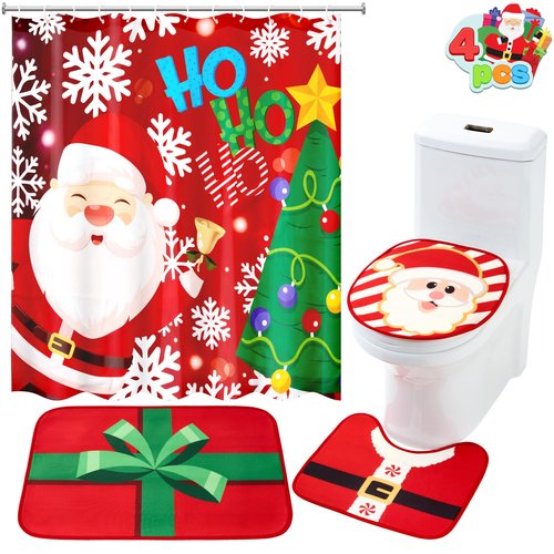 JOYIN 4 Pcs Christmas Bathroom Set with Shower Curtain, Bath Mat, Toilet Lid Cover, U Shape Rug & Hooks, Xmas Bathroom Decor Santa Claus Theme for Holiday Use Party Favors Indoor