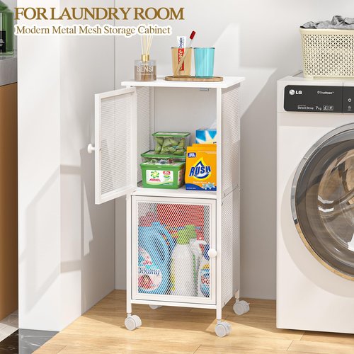 Small Bathroom Storage Cabinet with Movable Wheels, Wooden Bathroom Standing Shelf with 2 Metal Doors, Slim Bathroom Storage Cart for Small Spaces, Laundry, Kitchen, Narrow stand Storage Unit, White