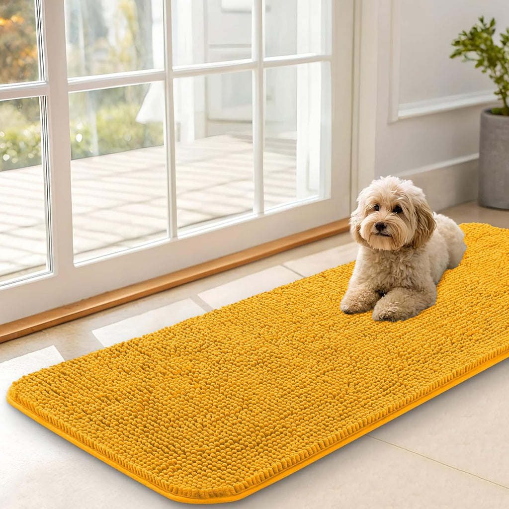 OLANLY Dog Door Mat - Absorbent Non-Slip Chenille Mat for Muddy Paws | 47x17 Inches, Golden Yellow
