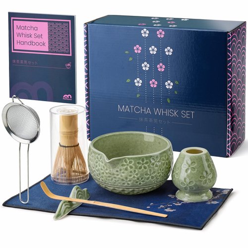 7Pcs Matcha Whisk Set, Ceramic Matcha Bowl with Spout, Bamboo Whisk&Holder,Bamboo Scoop,Scoop Rest,Sifter,Tea Towel, Matcha Kit w/Cherry Blossom Carved Patterns for Valentine's Day Gift