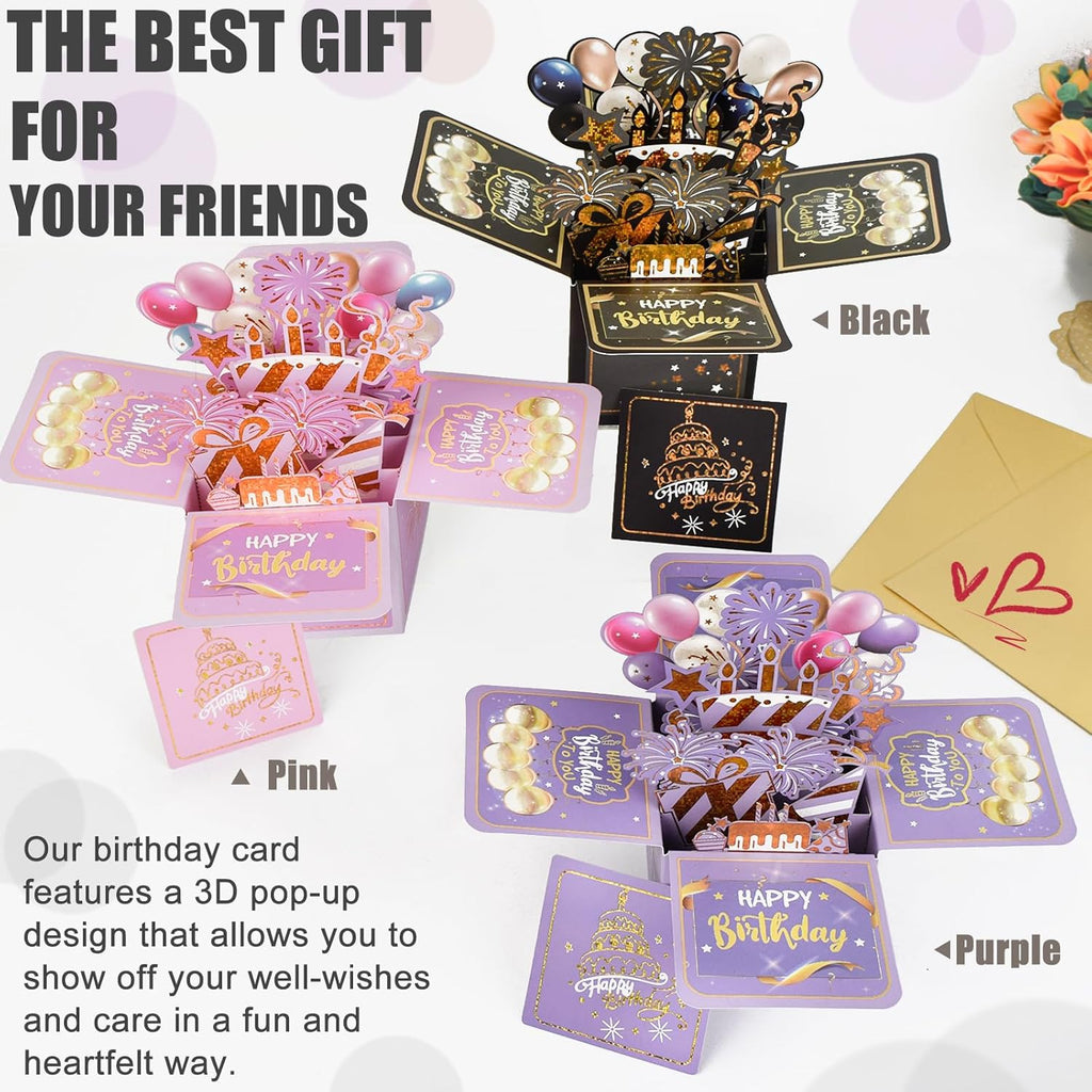 Surprise Pop Up Birthday Cards - Unique 3D Handmade Greeting Card for Adults & Kids | Black Design
