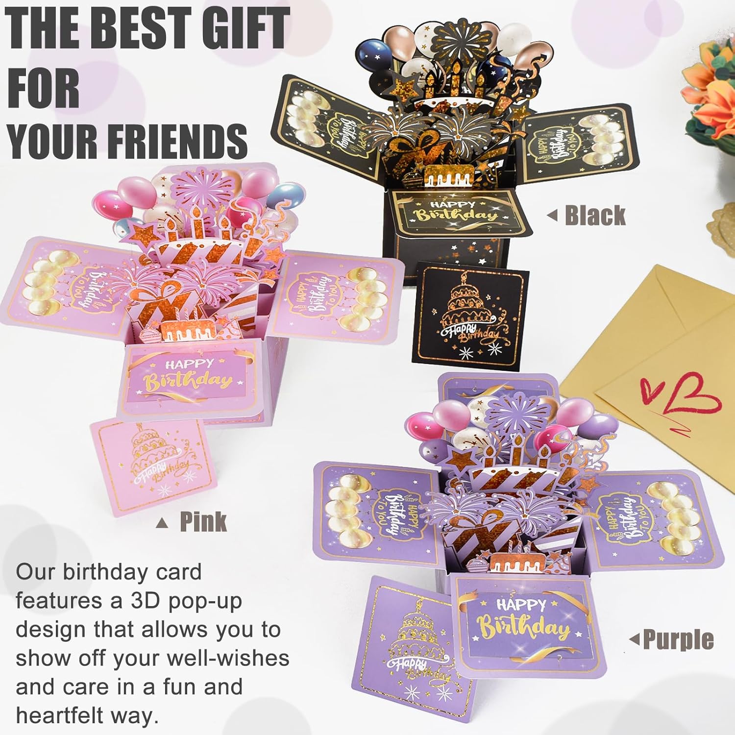 Surprise Pop Up Birthday Cards - Unique 3D Handmade Greeting Card for Adults & Kids | Black Design