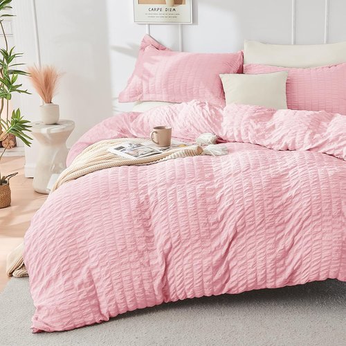 HYMOKEGE Full Size Comforter Set - Luxurious 7-Piece Seersucker Bedding in Pink/Ivory for All Seasons