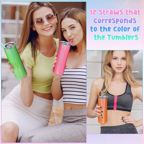 Potchen 12 Packs Glitter Skinny Tumblers with Lids and Straws Bulk, 20 oz Stainless Steel Double Wall Vacuum Insulated Cup Coffee Tumbler Travel Water Mug for Hot Cold Drink, Rainbow Colors