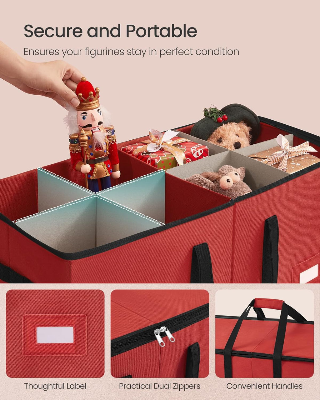 SONGMICS Christmas Figurine Storage Box - Holiday Decor Organizer for 15-Inch Figurines | Adjustable Dividers, 8 Slots, Cherry Red