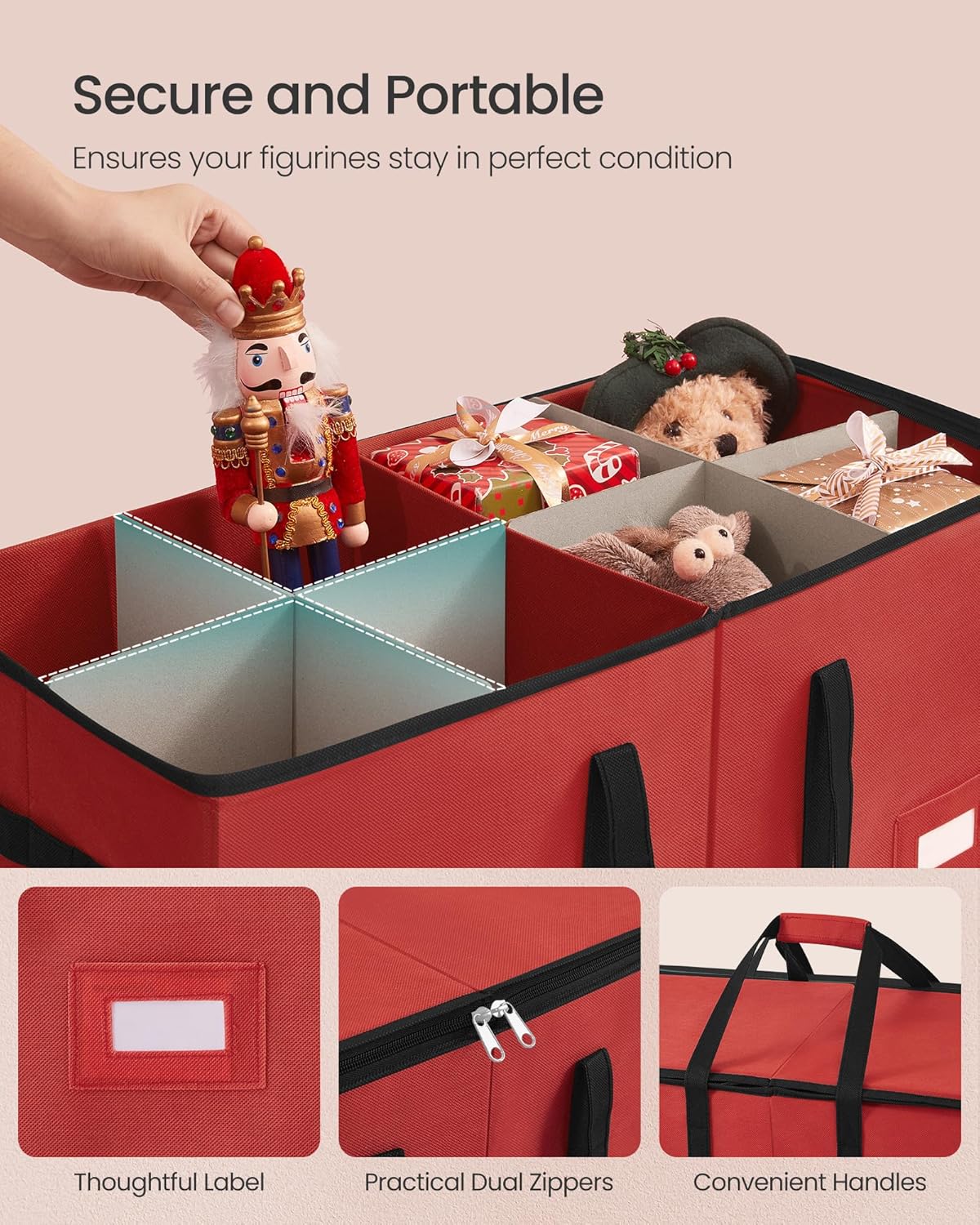 SONGMICS Christmas Figurine Storage Box - Holiday Decor Organizer for 15-Inch Figurines | Adjustable Dividers, 8 Slots, Cherry Red