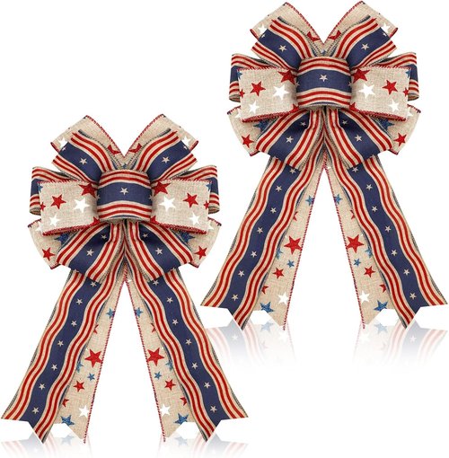 Moucuny Patriotic Burlap Bows - 4th of July Red, White & Blue Stars | Memorial Day Tree Topper & Wreath Decor