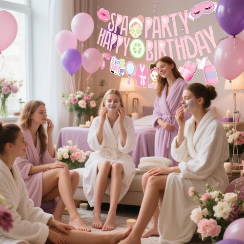 Spa Birthday Banners 3PCS Spa Birthday Party Decorations Pre-strung Makeup Party Banners Sleepover Theme Decor for Girls Slumber Pajama Party Supplies