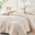 HYMOKEGE King Comforter Set - Luxury 7-Piece Beige Seersucker Bedding Set for All Seasons | Includes Comforter, Sheets, Pillowcases & Shams