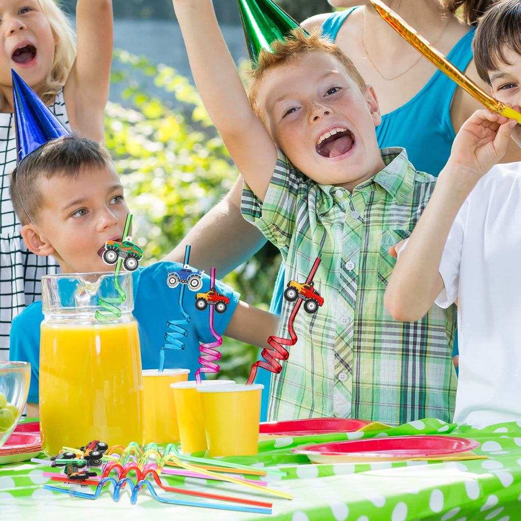 Skyley 24 Pcs Truck Straws Crazy Reusable Twisty crazy straws for Kids Boys Car Birthday Party Favors Supplies, 6 Styles