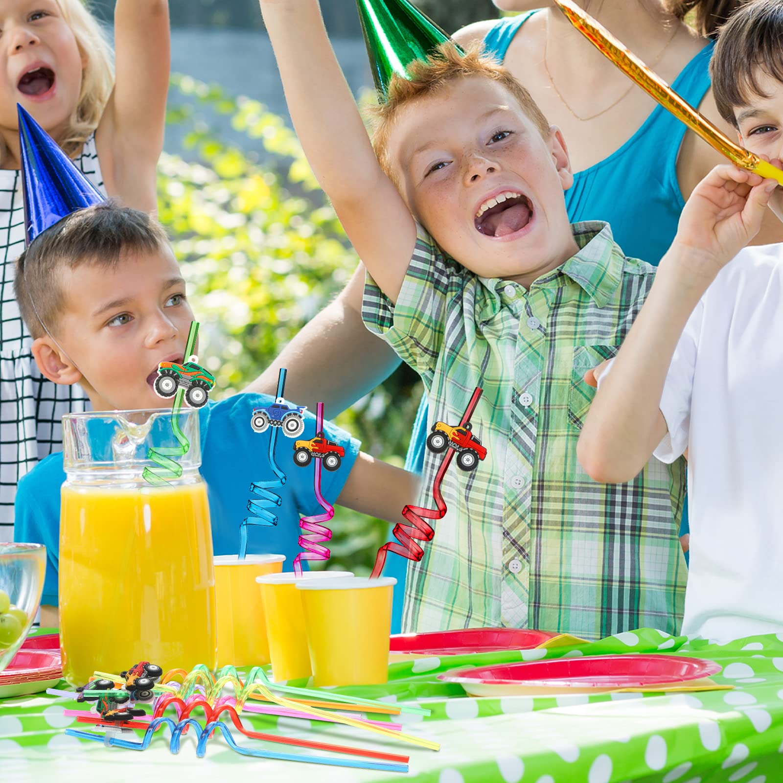 Skyley 24 Pcs Truck Straws Crazy Reusable Twisty crazy straws for Kids Boys Car Birthday Party Favors Supplies, 6 Styles