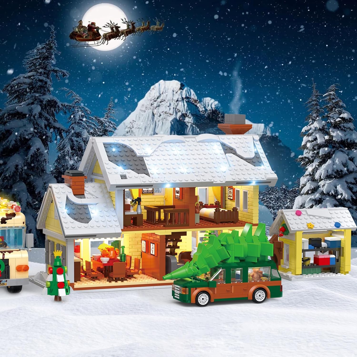Snow Village Building Set - 4-in-1 Christmas Vacation House, RV & Truck Model Kit | 2056 PCS for Kids & Adults