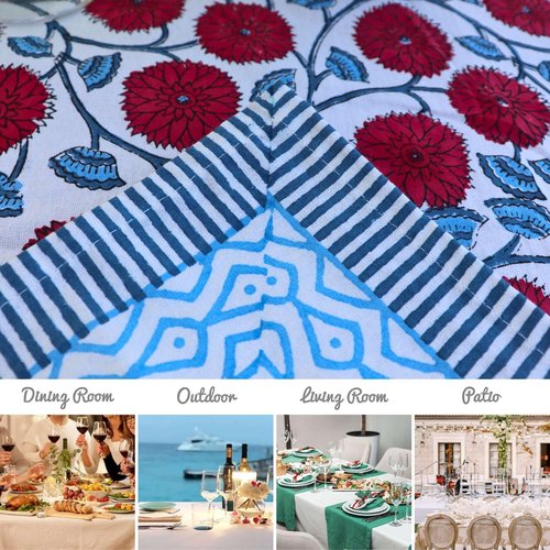 Handblock Print Cotton Tablecloth – 72x135 Rectangle Table Cover Seats 8-10 – Indian Block Printed Floral Dining Table Linen – Boho Washable Cloth for Kitchen, Party, Outdoor (White)