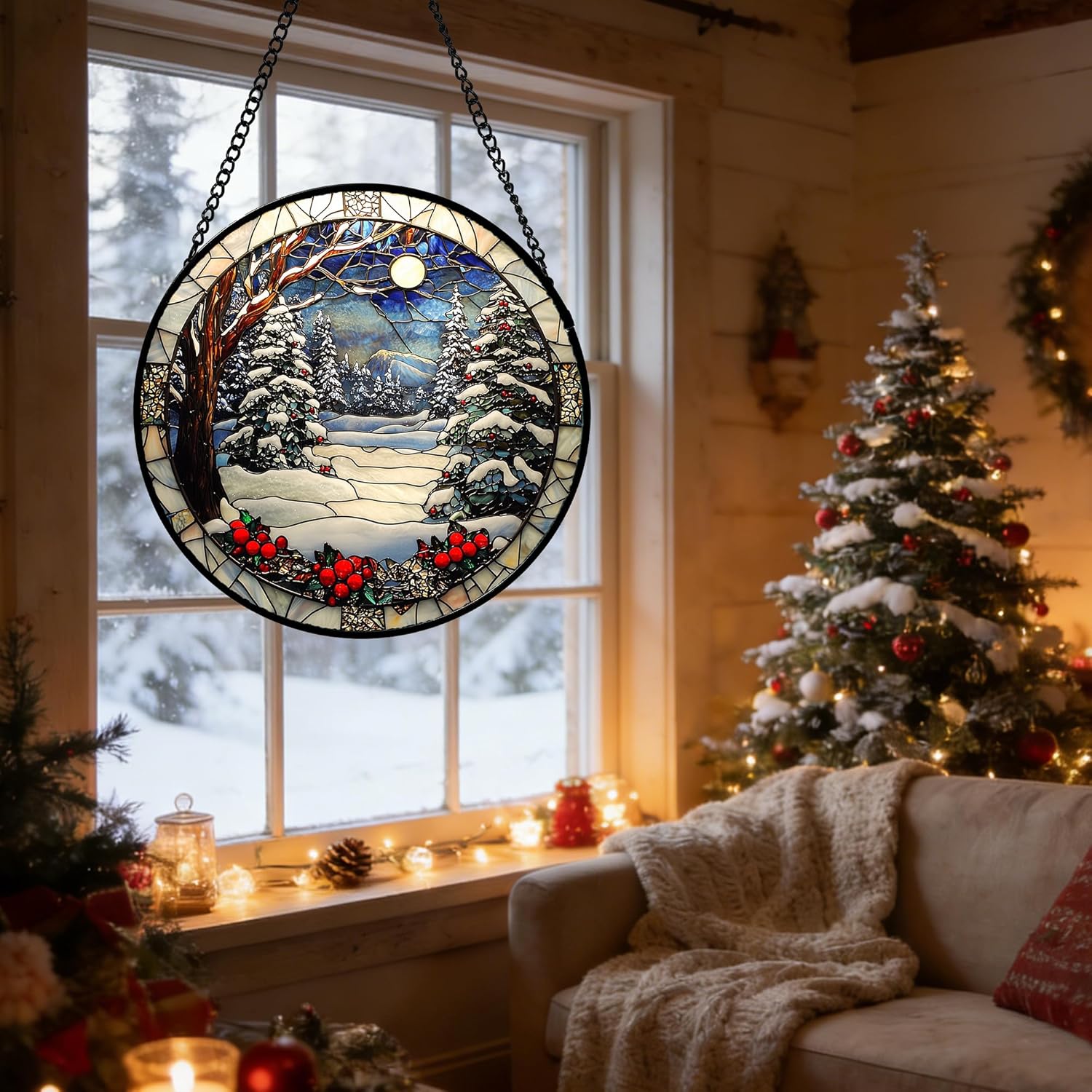 DASTOLL Stained Glass Window Hanging - Winter Snow Night Scenery Suncatcher | 7.8" Home Decor Gift
