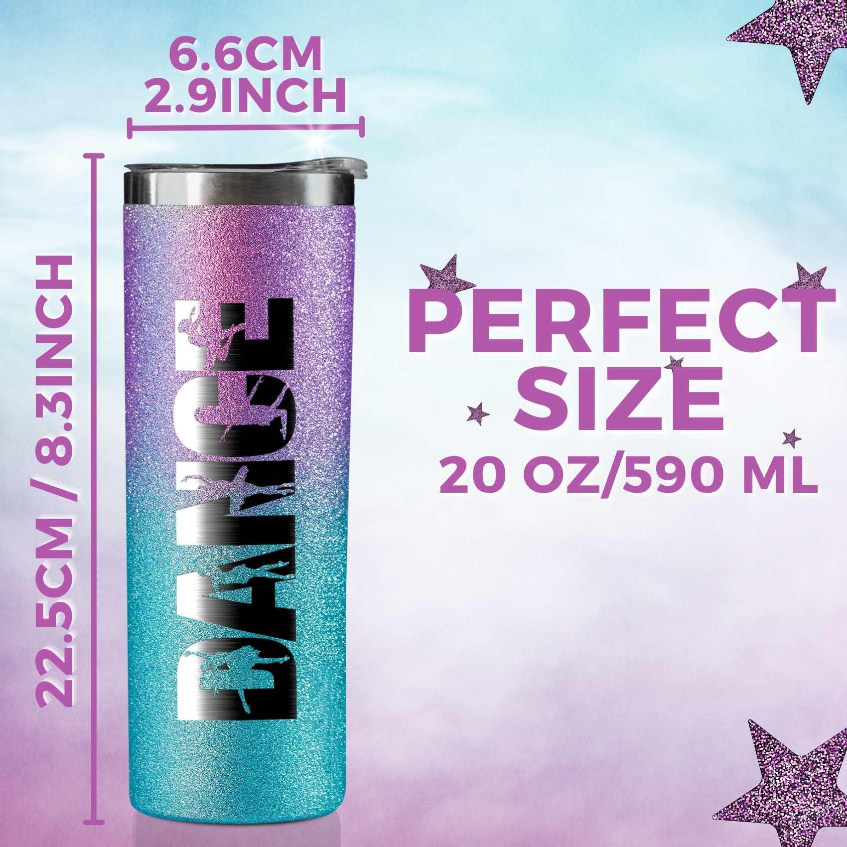 Onebttl Dancer Gifts for Girls, Teens, Her - Dance - 20oz/590ml Stainless Steel Insulated Glitter Skinny Tumbler with Straw, Lid - Dance Themed Gifts for Women - (Purple-Blue Gradient)