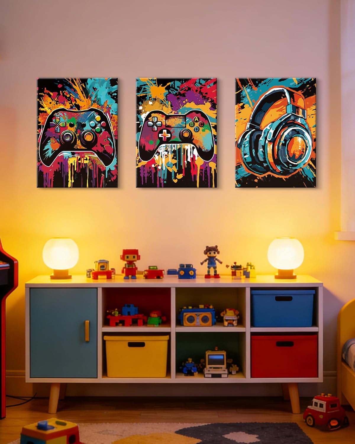 PHOPAGO Gaming Wall Art - Cool Watercolor Graffiti Gamepad Prints | 12x16in, Set of 3 for Teen Boys