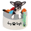 PrimePets Cotton Rope Dog Toy Basket, Small Basket with Handles, Woven Storage Bin for Dogs Pets, 15x10x9 inch Pet Basket Container Holder for Toys, White and Grey