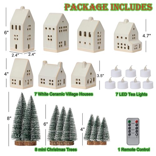 Mokof Christmas Village Set - 7 White Ceramic Houses with Remote LED Tea Lights and 8 Mini Trees, Farmhouse Christmas Decorations Indoor for Fireplace, Mantel, Tabletop, Shelves Winter Holiday Decor