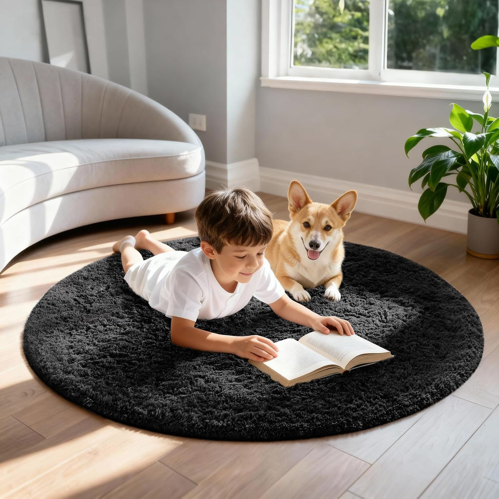 Ophanie Round Rug - 4Ft Black Circle Area Rug | Fluffy Soft Shaggy Carpet for Bedroom & Nursery Decor