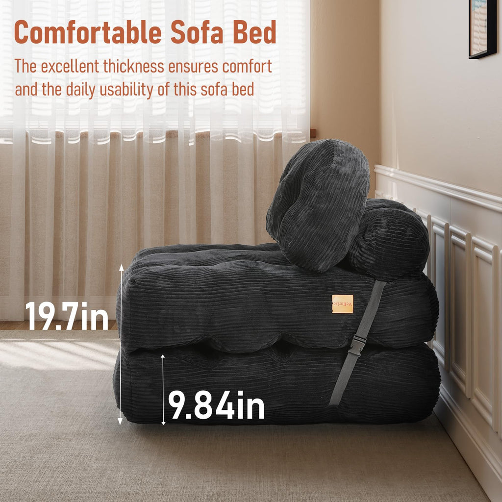 Vellorise Folding Sofa Bed, Convertible Sleeper Chair with Back Support and Pillow Futon,Boneless Foldable Couch for Living Room/Guest Use/Home Office, Foldable Chair Bed for Adults, Dark Gray