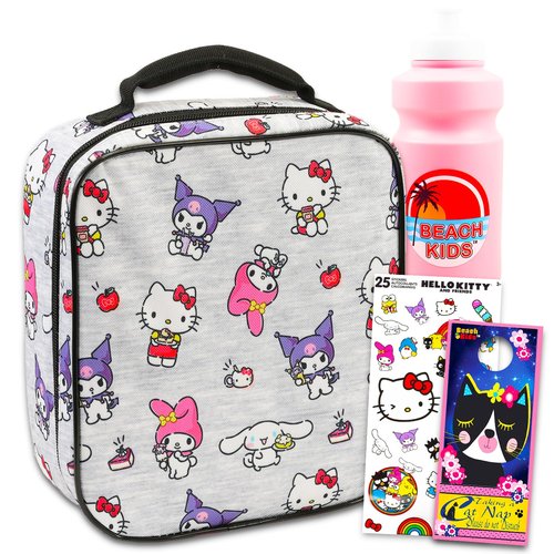 Hello Kitty and Friends Lunch Bag for Girls Set - Bundle with Sanrio Lunch Box Featuring My Melody, Kuromi, Cinnamoroll Plus Stickers, Water Bottle | Hello Kitty Lunchbox for Kids, Girls