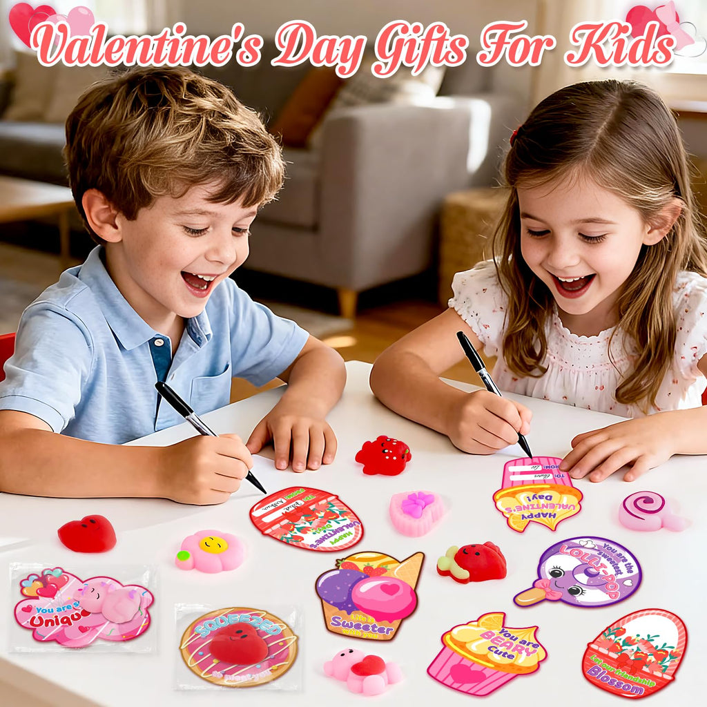 OCHIDO 32 Pack Valentines Day Cards with Mochi Squeeze Toys, Valentines Day Gifts for Kids Classroom Exchange and School Reward, Stress Relief Fidget Toy for Valentines Party Favors