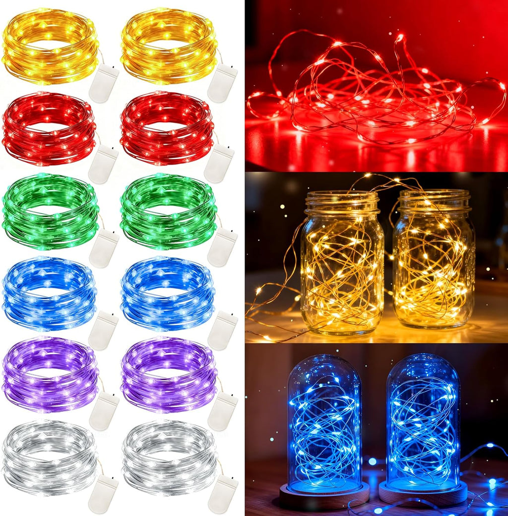 VOOKRY Mini Starry String Lights - 12 Pack Battery Operated 30 LEDs | 10 ft Silvery Copper Wire for Weddings, Parties, Christmas Decor