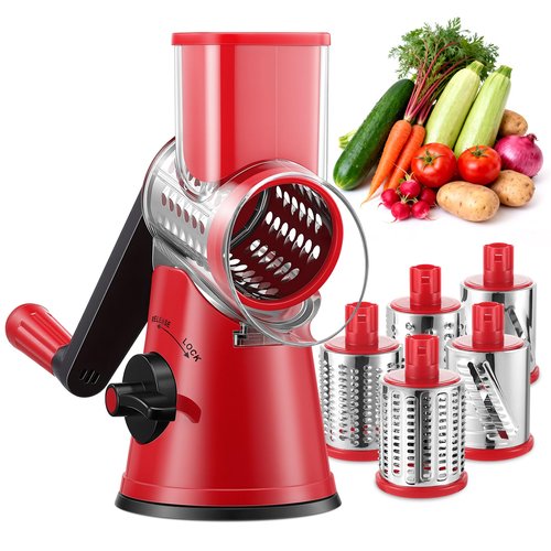 GDL Rotary Cheese Grater Hand Crank with 5 Interchangeable Blades - Upgraded Cheese Shredder Featuring Strong Suction Base for Cheese Shredding, Wavy Slicing, Nut Grinding, Ice Shaving