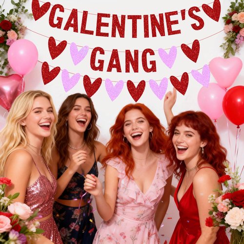 ricluck Galentines Gang Banner Decorations, Red Heart Banner Girls Ladies Celebration Valentine Fireplace Decor Valentine's Day Party Supplies