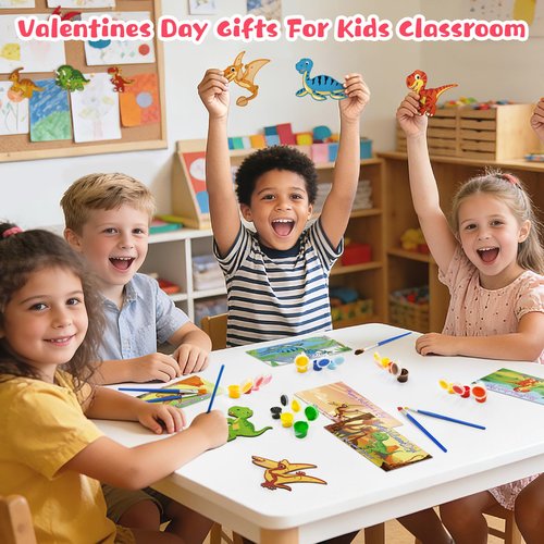 Convivialo 24 Pre-Packaged Valentines Cards for Kids Classroom School Exchange, Dinosaur Wood Crafts Painting Kits, Preschool Valentines Day Gifts for Kids Party Favors