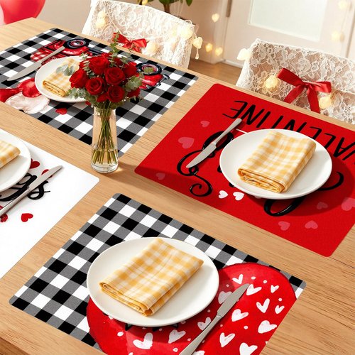 Gandeer Set of 6 Valentine's Buffalo Plaid Placemats 17 x 12'' Hearts Love Truck Place Mats Plastic Table Mat Romantic Farmhouse Modern Kitchen Decor for Valentine February Home Dinner Dining Party