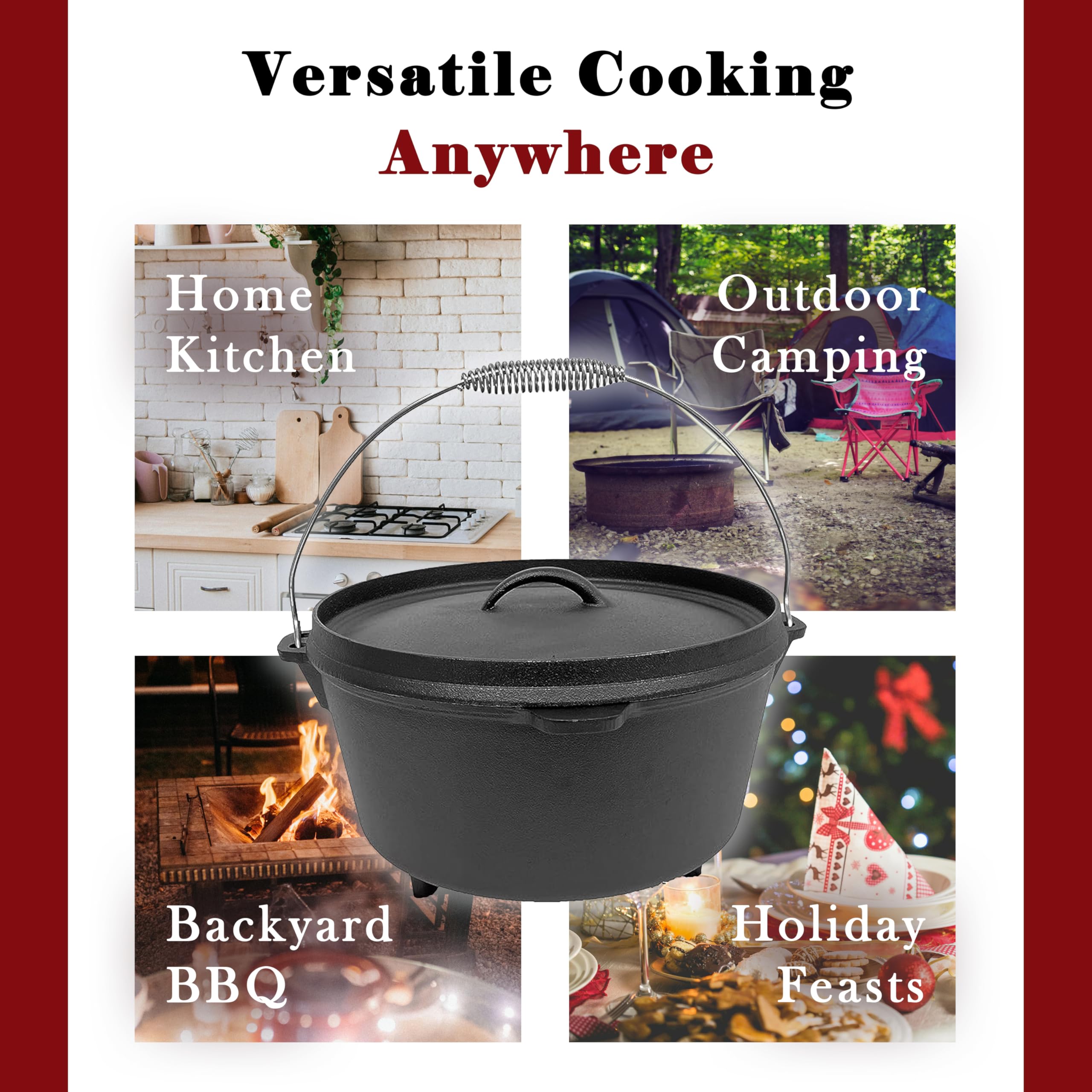 Cuisiland 9 Quart Cast Iron Dutch Oven with Lip Lid & 3 legs – Pre-Seasoned Camping Pot for Outdoor Cooking, Roasting, and Baking – Heavy-Duty Campfire Cookware with Even Heat Distribution
