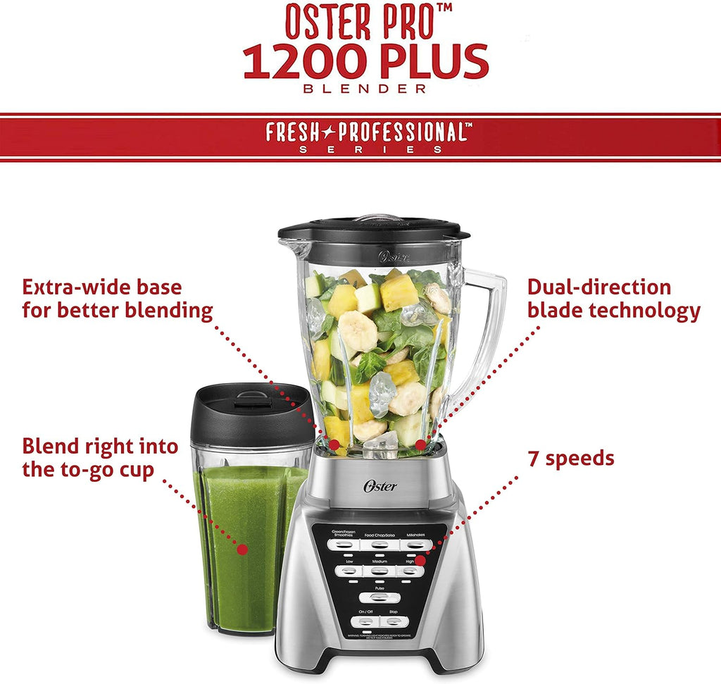 Oster Pro 1200 Blender - 7-Speed Smoothie Maker with Glass Jar & 24oz To-Go Cup, Brushed Nickel