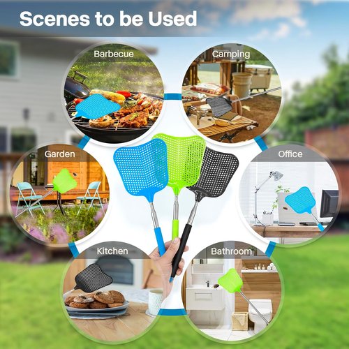 Begonia Telescopic Fly Swatter - Heavy Duty Manual Plastic with Stainless Steel Handle | 3 Pack