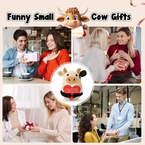 YUEYUQIU Mini Funny Inspirational Positive Crochet Cow Gifts - Thank You Appreciation Gift for Women Men Coworker Friends Teens Girl Teacher Mom - Handmade Small Cow Present for Christmas Birthday