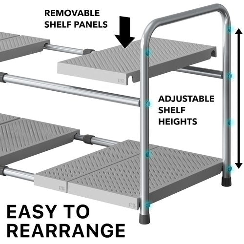 Simple Houseware Under Sink 2-Tier Heavy Duty Expandable Rack Organizer, Adjustable Width 15.75–25 Inches with 4 Shelf Height Levels, Silver