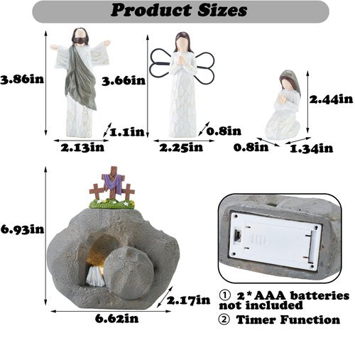Easter Resurrection Scene with LED Lighting, Resin Empty Tomb Easter Scene for Christian Decoration, Battery Powered Religious Display with Timer, Home Office Tabletop Tray, Church, Shelf Decor