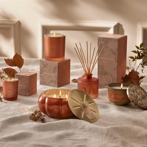 Thymes Scented Candles for Home Decor - Luxury Home Fragrance Gifts for Women & Men - Fall Candles with Creamy Pumpkin, Nutmeg, & Cinnamon - Burnt Orange (Pumpkin Laurel, 6.5 oz)