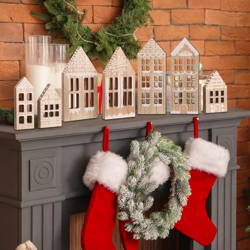 Briwooody 7 Pcs Christmas Village Houses Wooden Christmas Village Set Gingerbread House Decor Wood Ginger Bread Decor Winter Desk Shelf Ornament for Home Office Coffee Bar Tabletop(Gingerbread Colors)