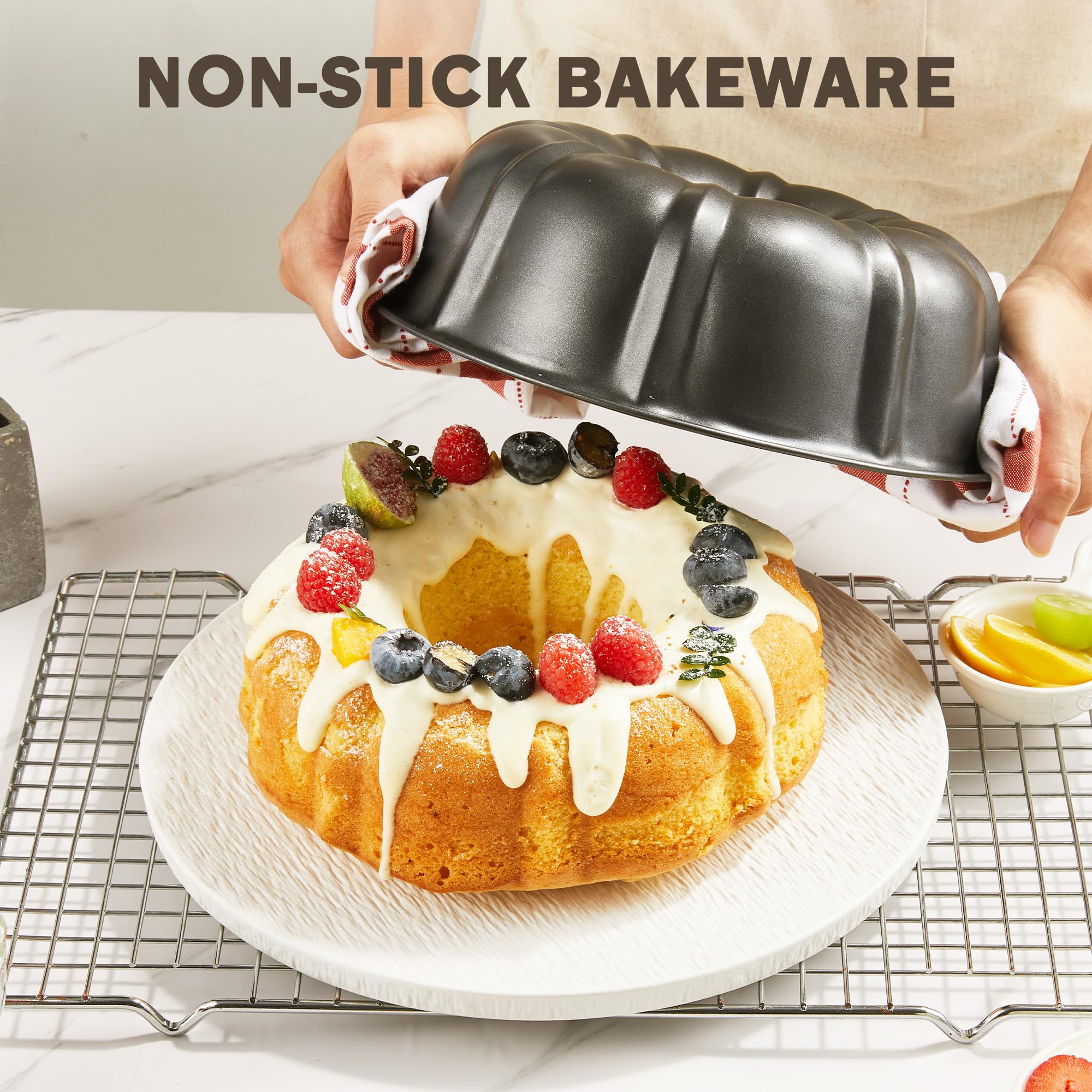 KITESSENSU 9 inch Non-Stick Cake Pans, 12 Cups Premium Fluted Pans for baking, Heavy Duty Carbon Steel Tube Baking Mold, Gray