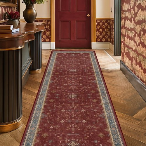 Boho 2x7 Long Runner | Washable Non-Slip Indoor Floor Mat - Dark Red Floral Design for Kitchen & Entryway