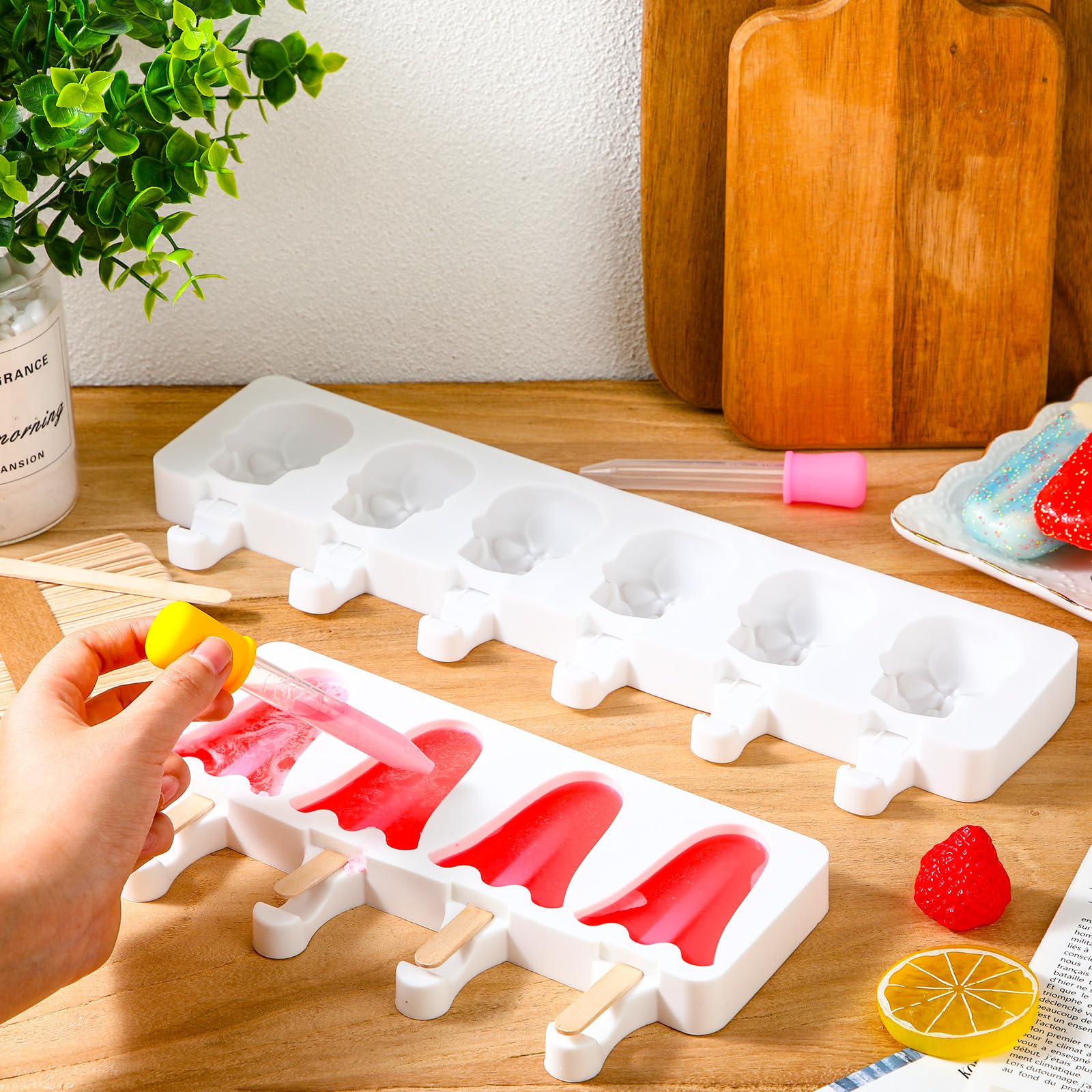 FillTouch 2 Pack Halloween Silicone Ice Cream Mold Homemade Cakesicle Mold Kits Silicone Ghost Skull Ice Pops with 50 Wooden Sticks and 2 Droppers Craft Sticks for Baking and Home Snacks DIY
