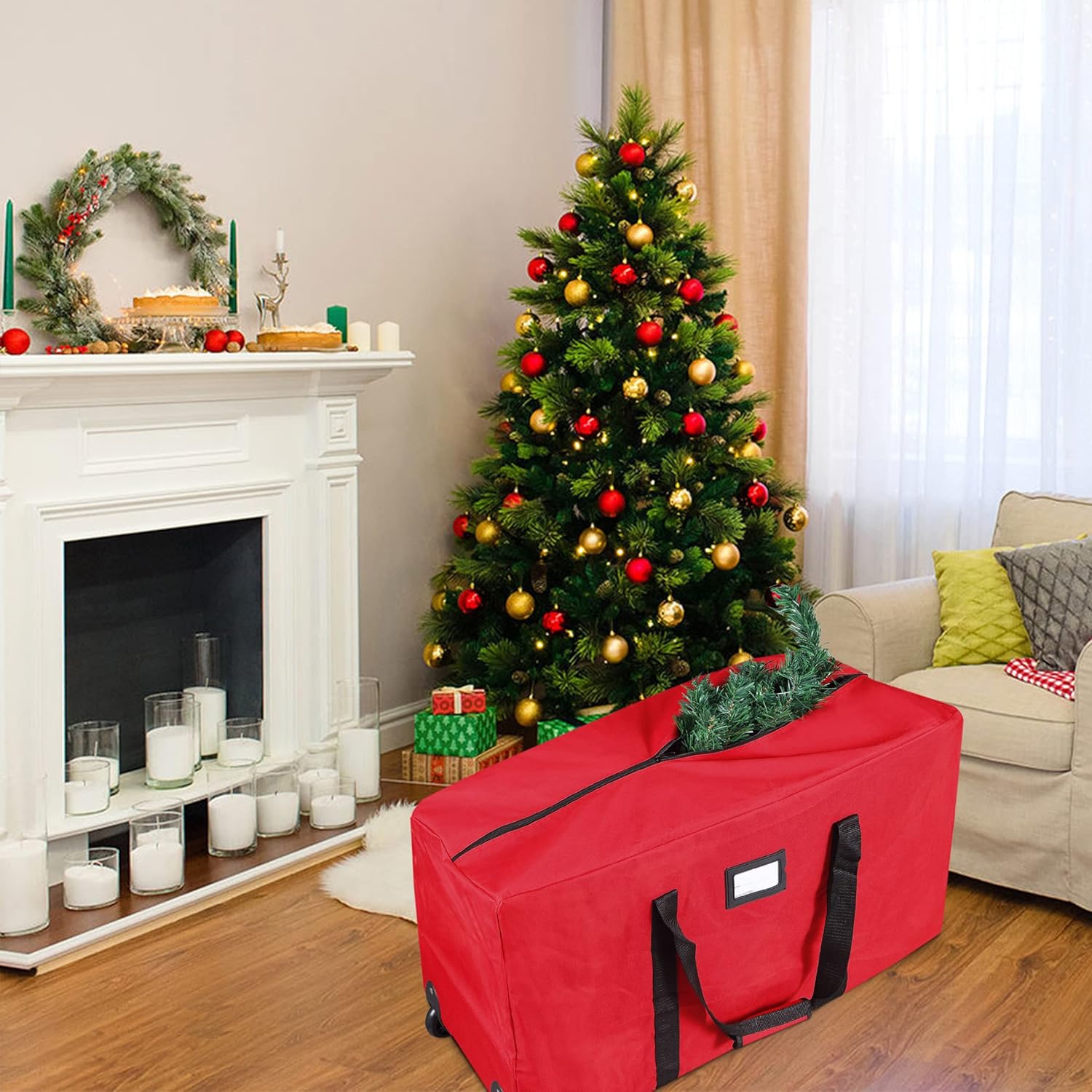 ProPik Holiday Rolling Tree Storage Bag - Heavy Duty Xmas Container for 6 ft. Trees | 22"x16"x50" | Red with Wheels & Handles